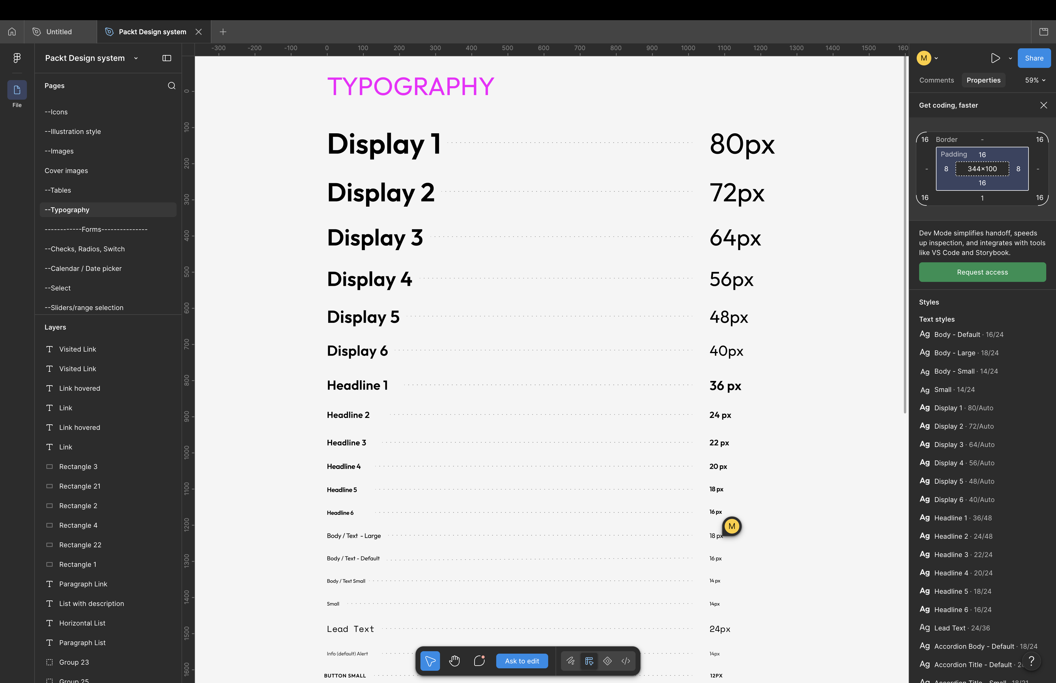 Figma view of the Packt typography system from large display styles to body and interface text.