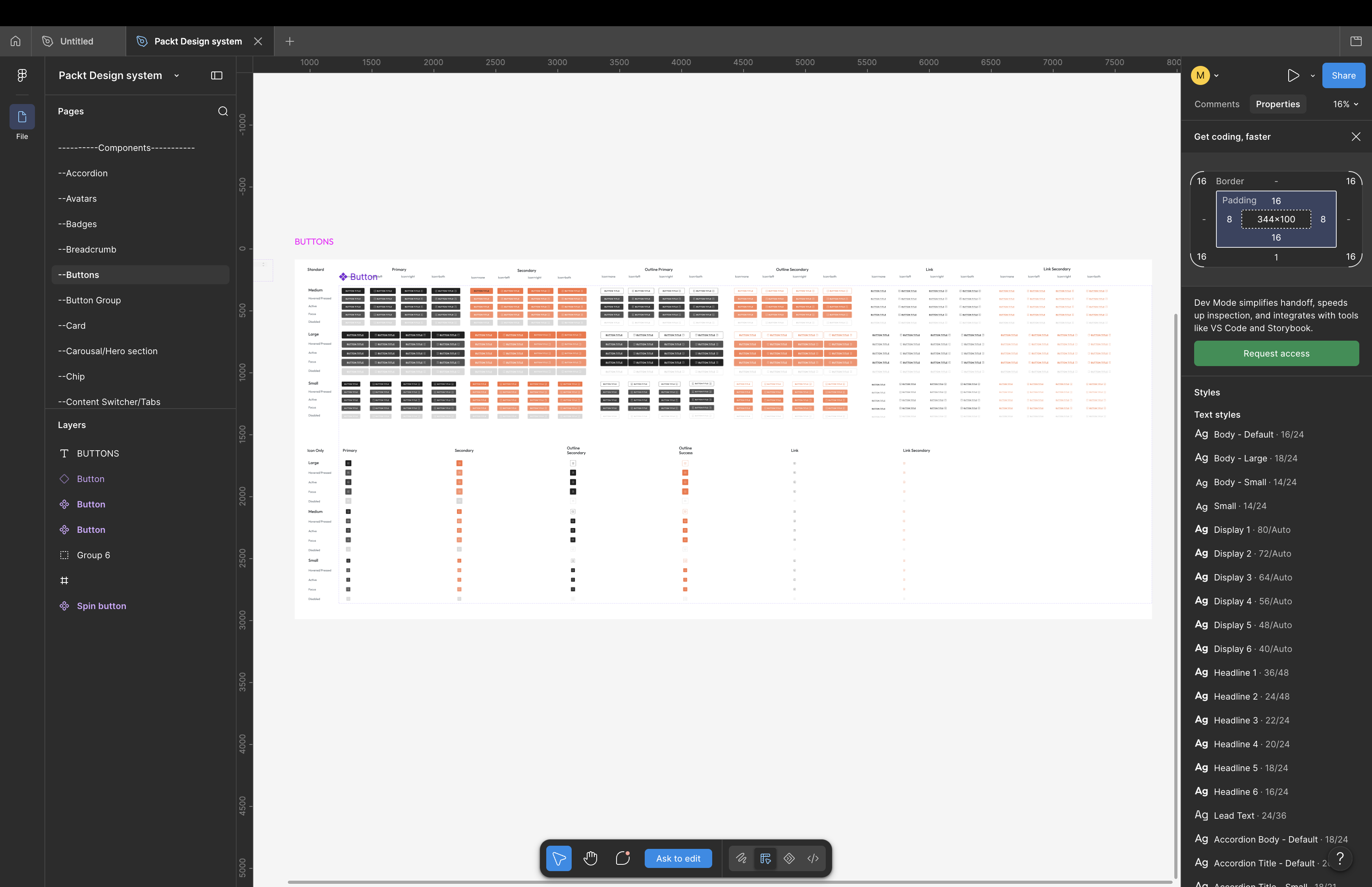 Figma component library showing Packt button variants, sizes and interaction states.
