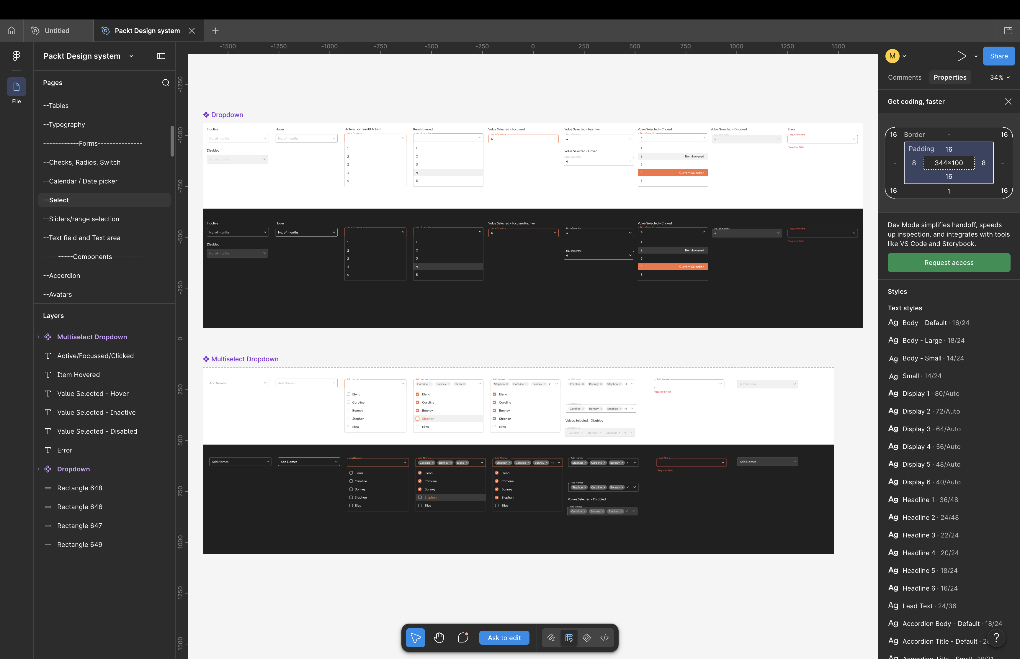 Figma component library showing single-select and multi-select controls across themes and interaction states.