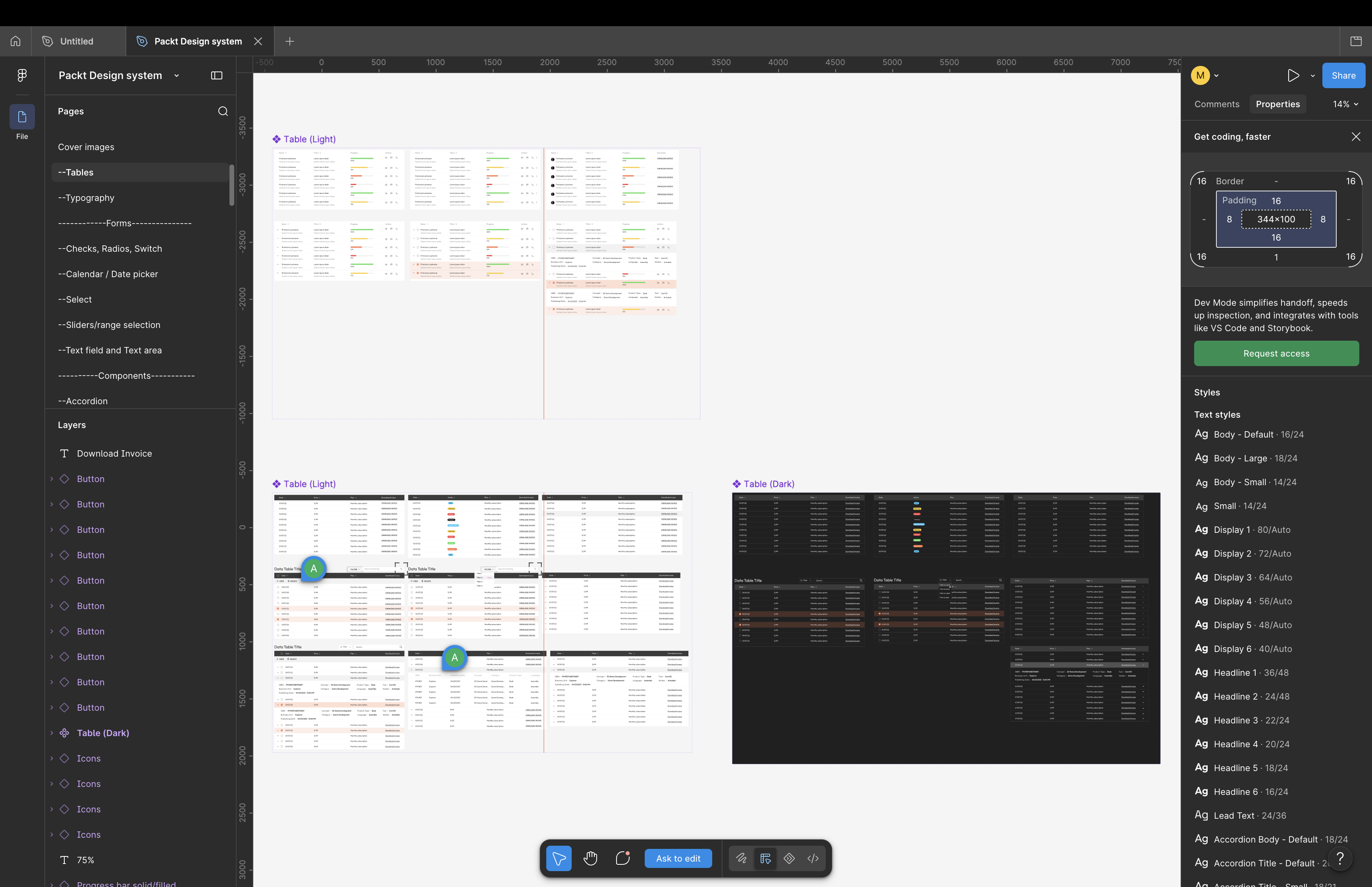 Figma component library showing responsive Packt table patterns in light and dark themes.