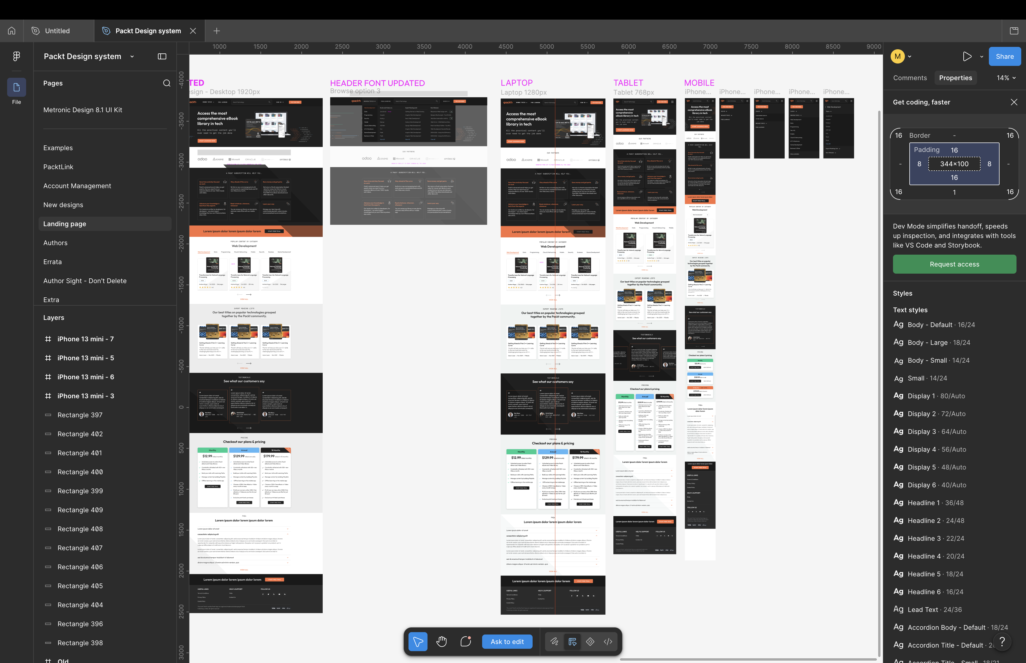 Figma layouts showing the Packt landing page adapted across desktop, laptop, tablet and mobile widths.