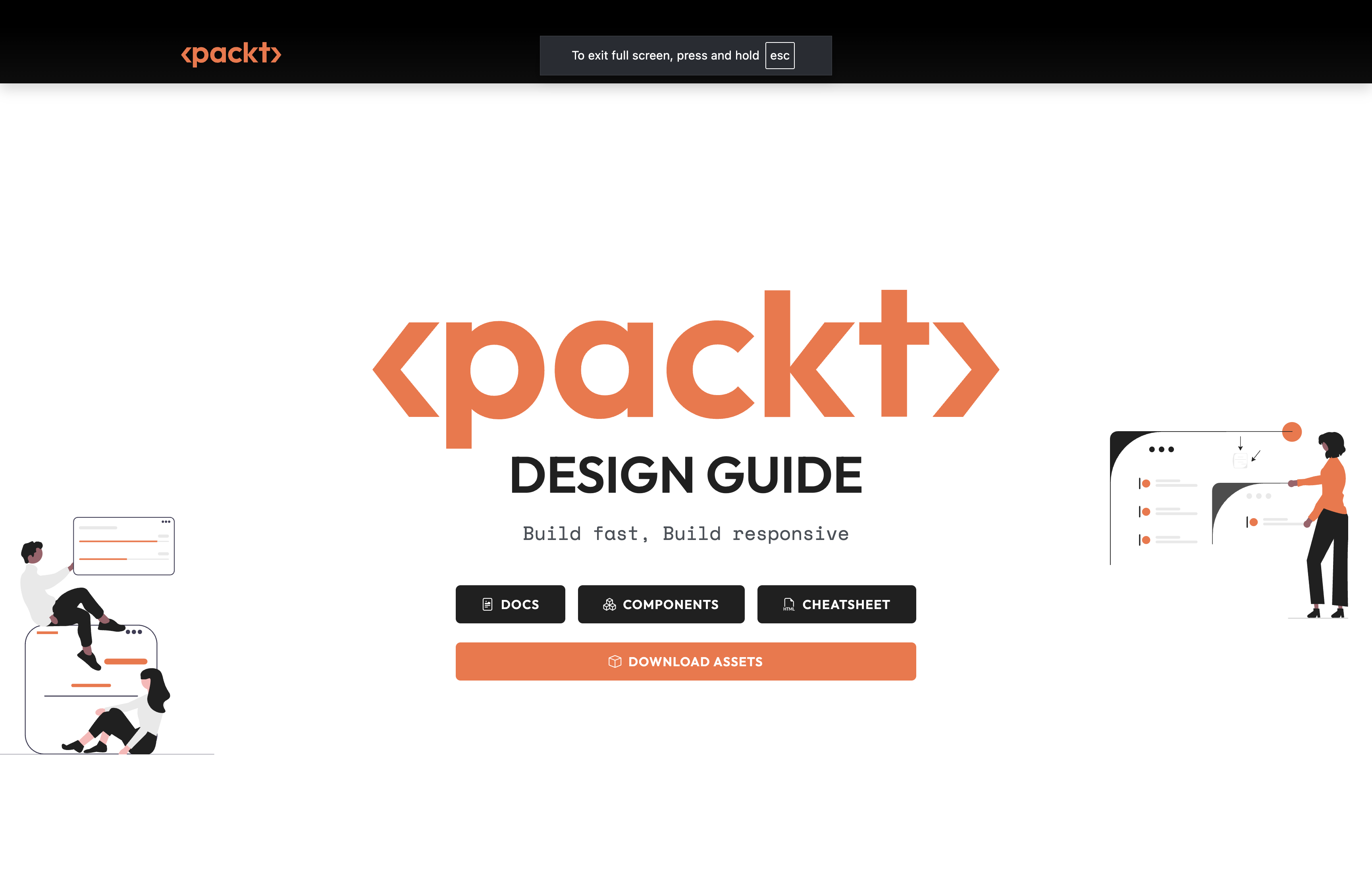 Packt developer design-guide home screen with routes to documentation, components, a cheatsheet and downloadable assets.