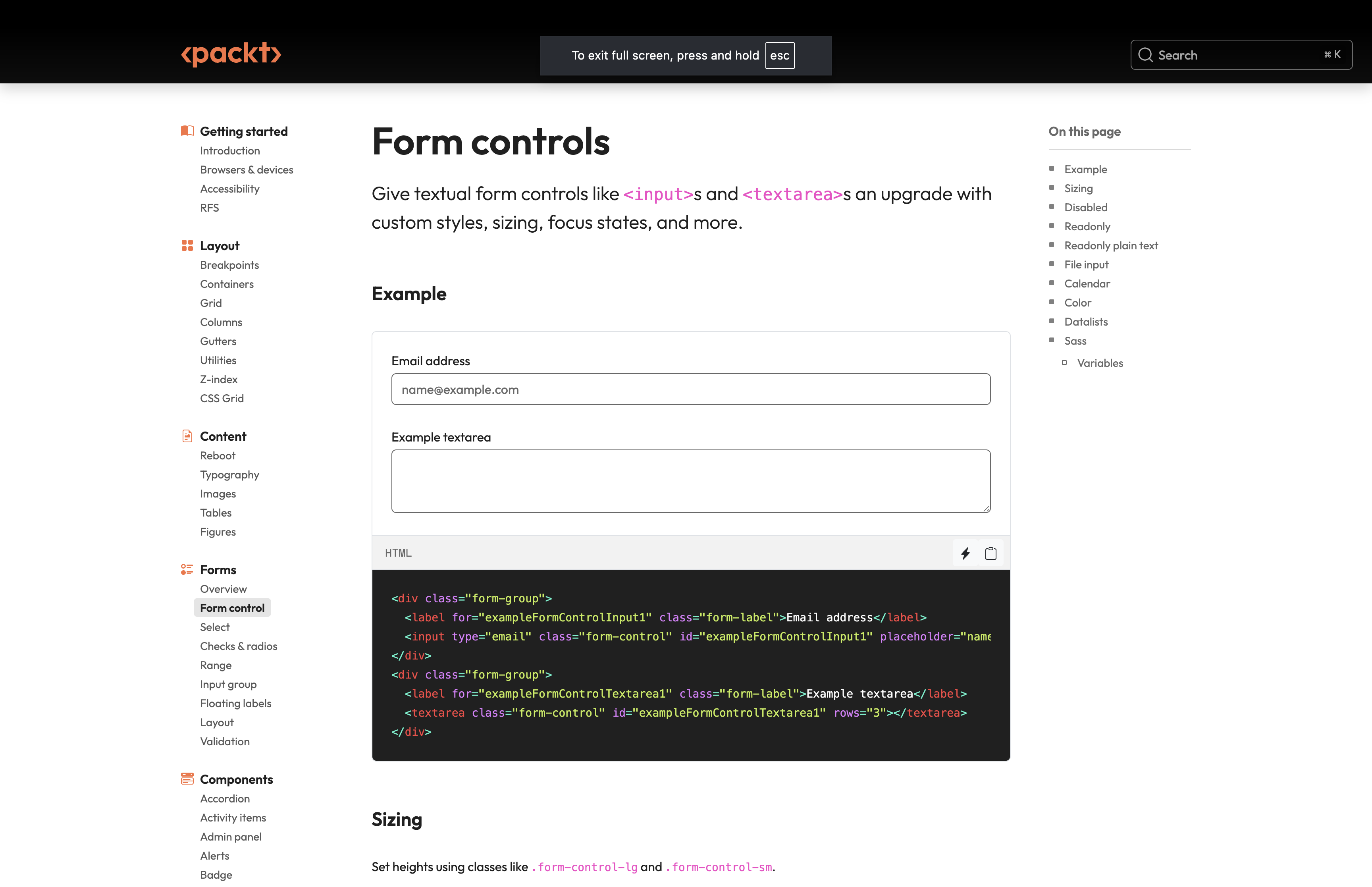Packt developer guide showing form-control examples alongside production HTML.