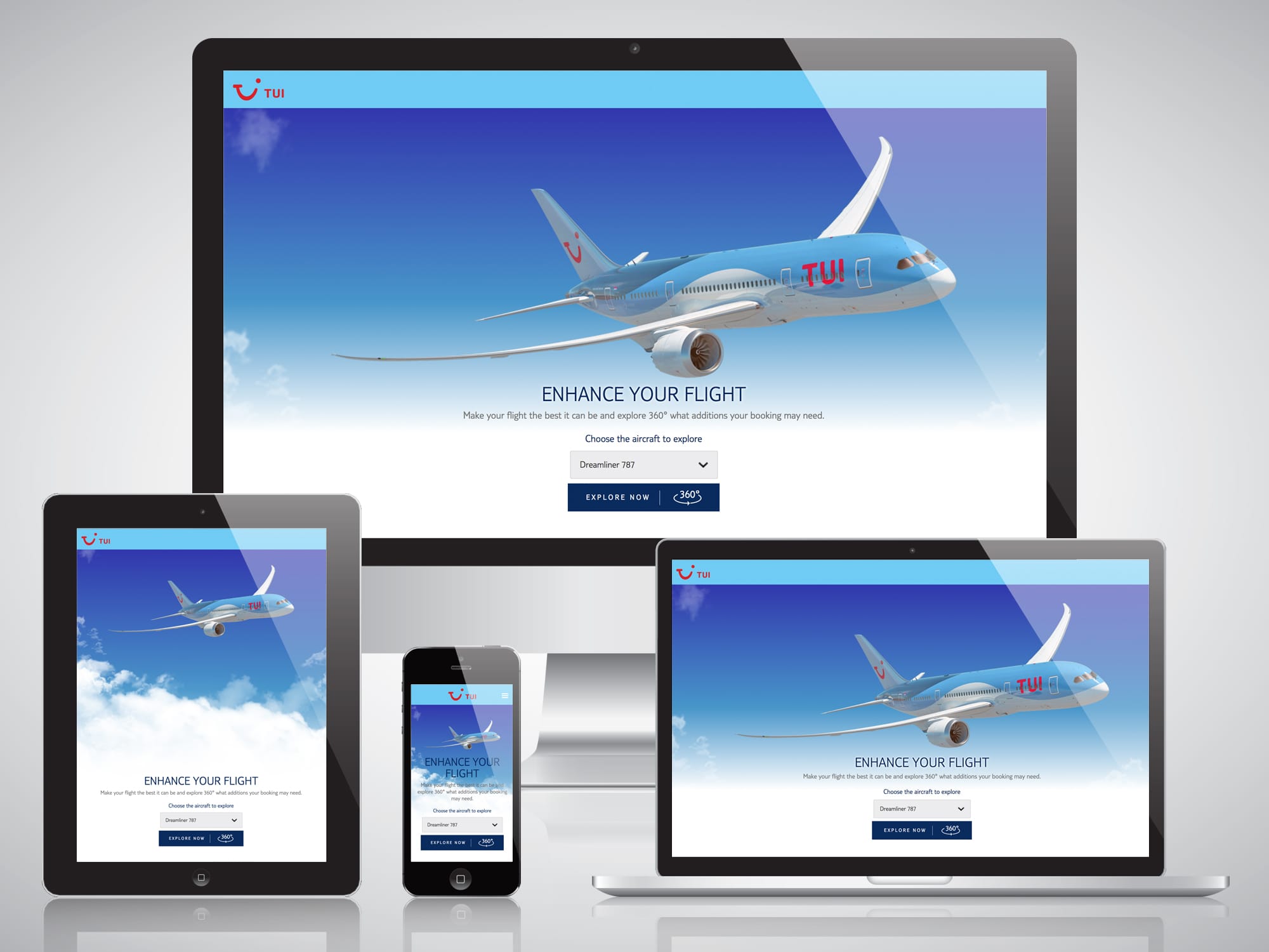 Responsive TUI aircraft-selection interface shown across desktop, tablet and mobile layouts.