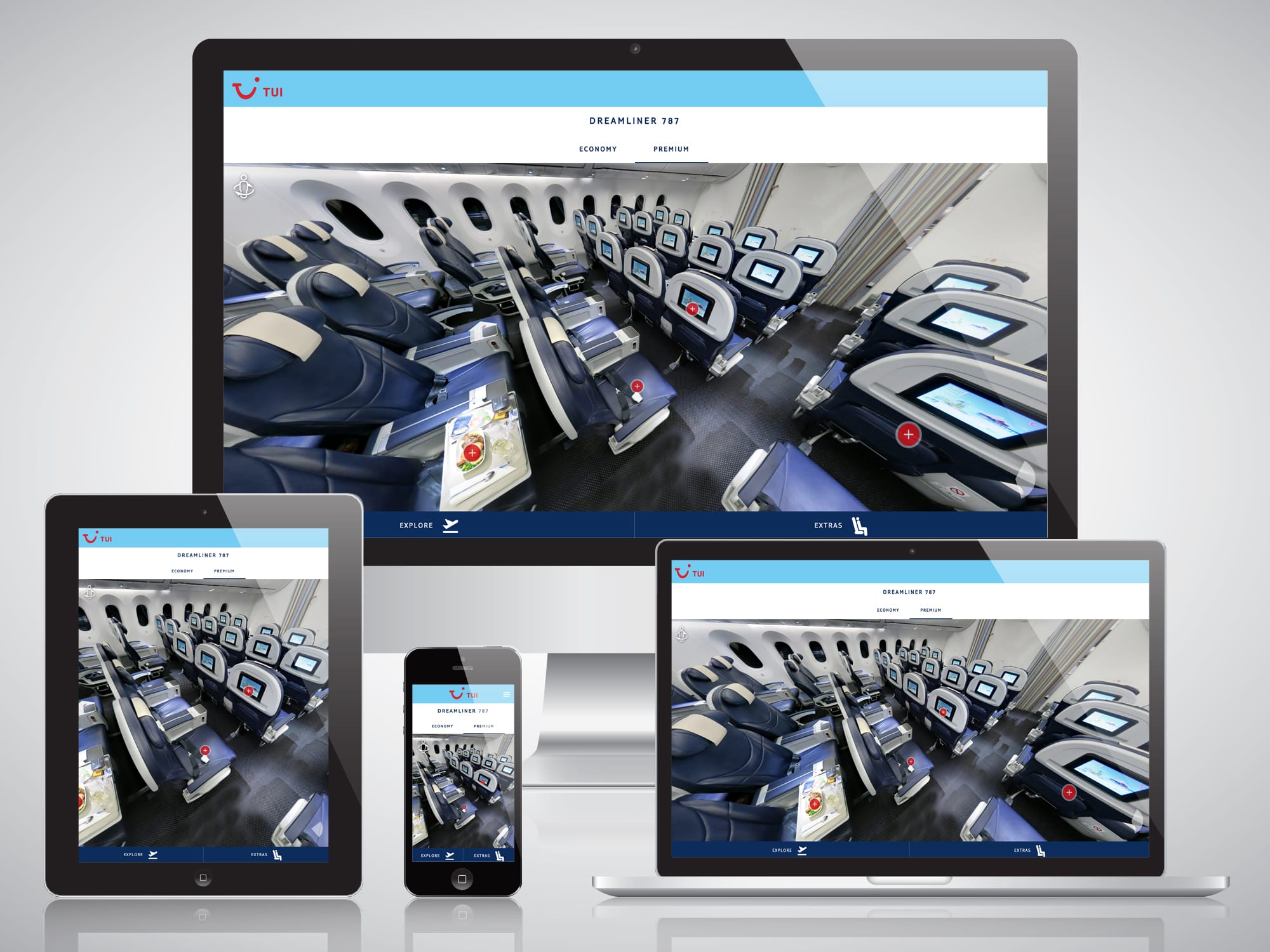 Responsive TUI 360 premium-cabin experience shown across desktop, tablet and mobile layouts.