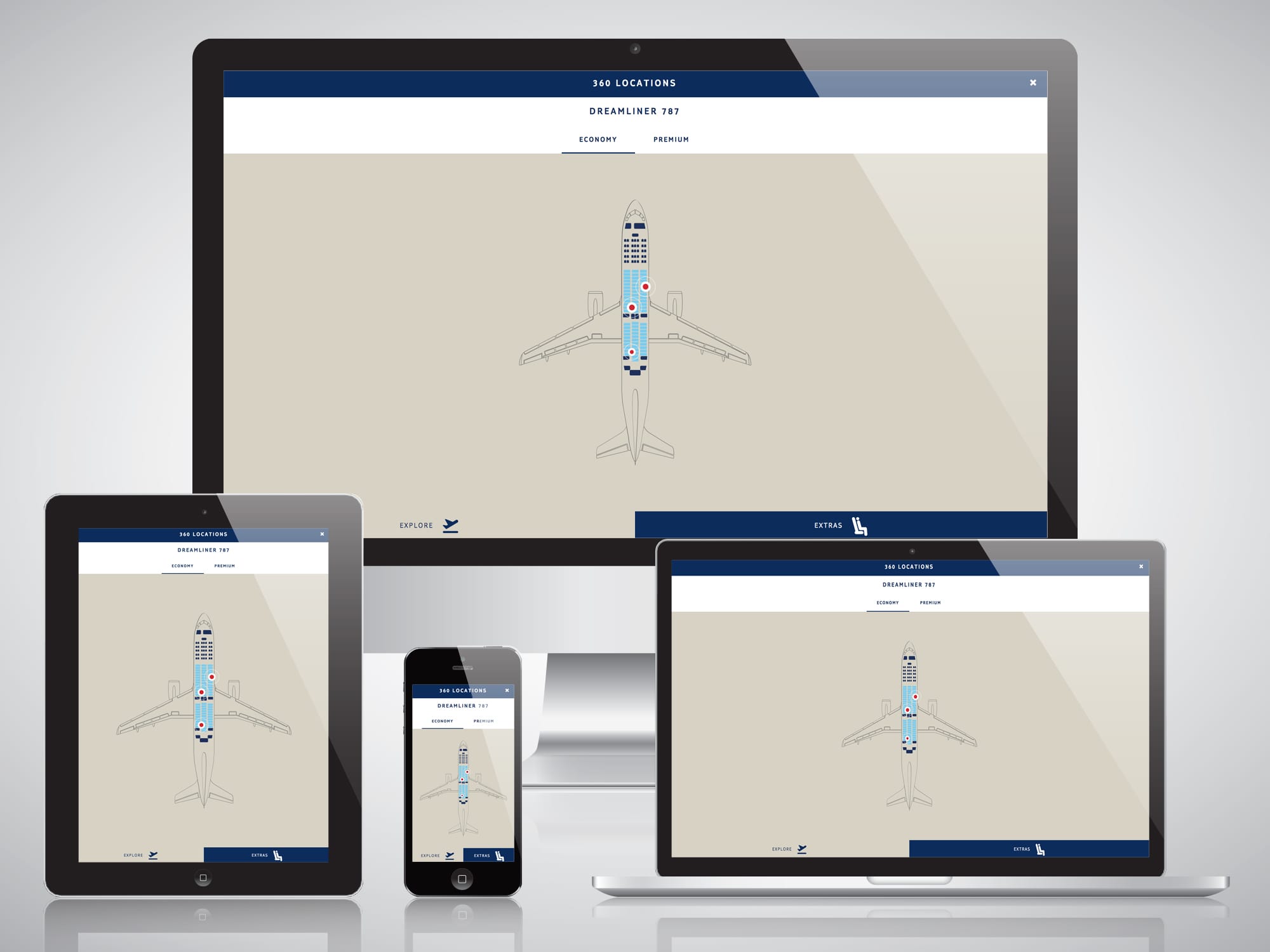 Responsive TUI location-map interface showing aircraft wayfinding and hotspot navigation across desktop, tablet and mobile.