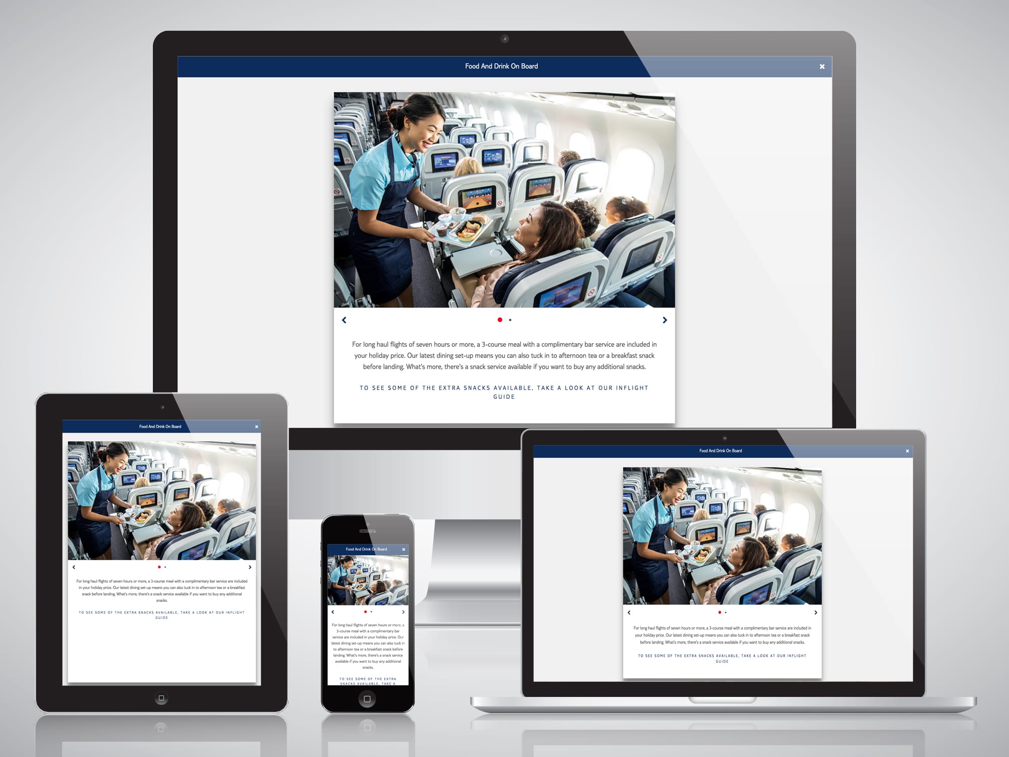 Responsive TUI inflight-food content panel shown across desktop, tablet and mobile layouts.