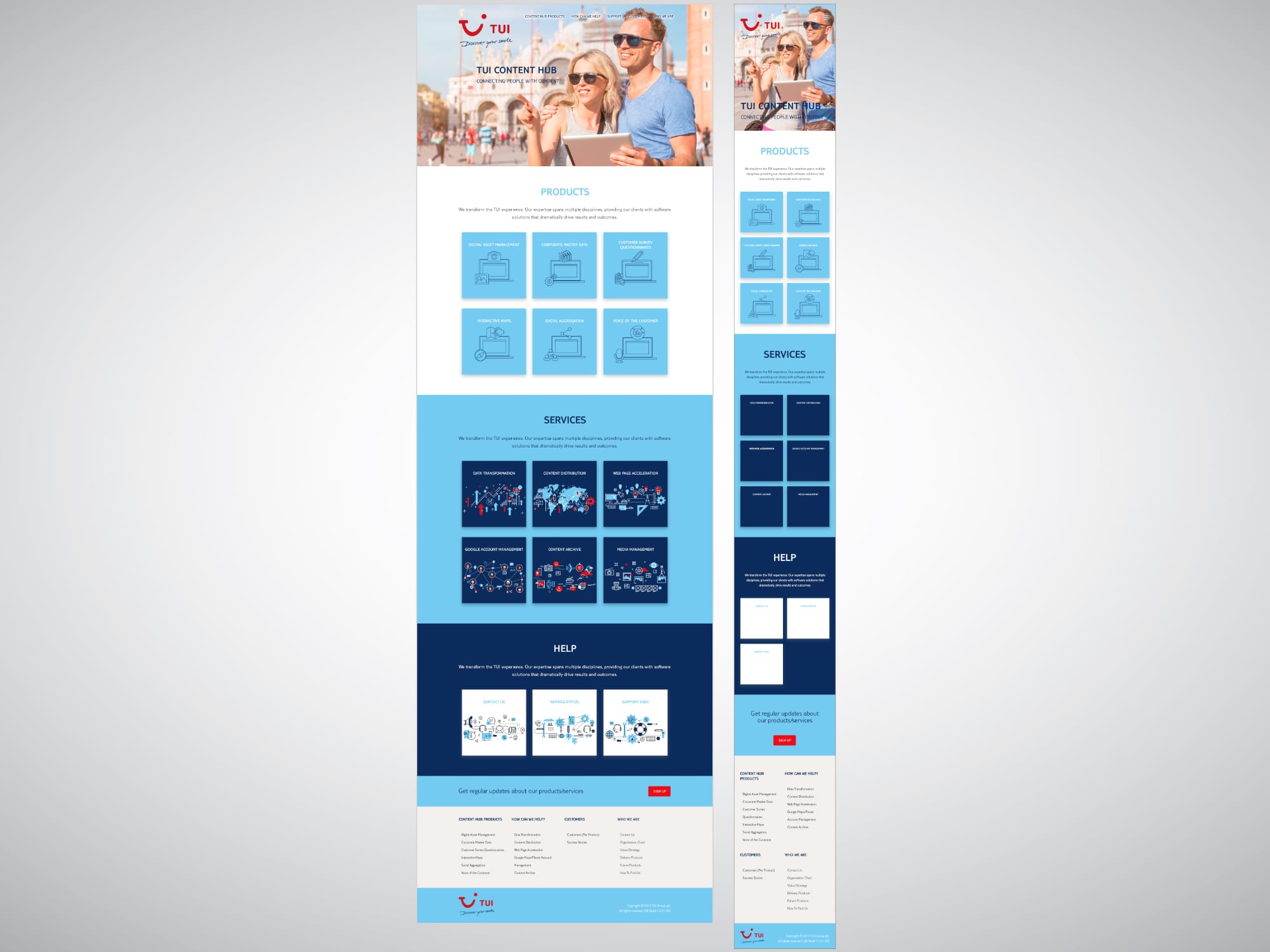 Responsive high-fidelity TUI Content Hub page shown across multiple viewport widths.