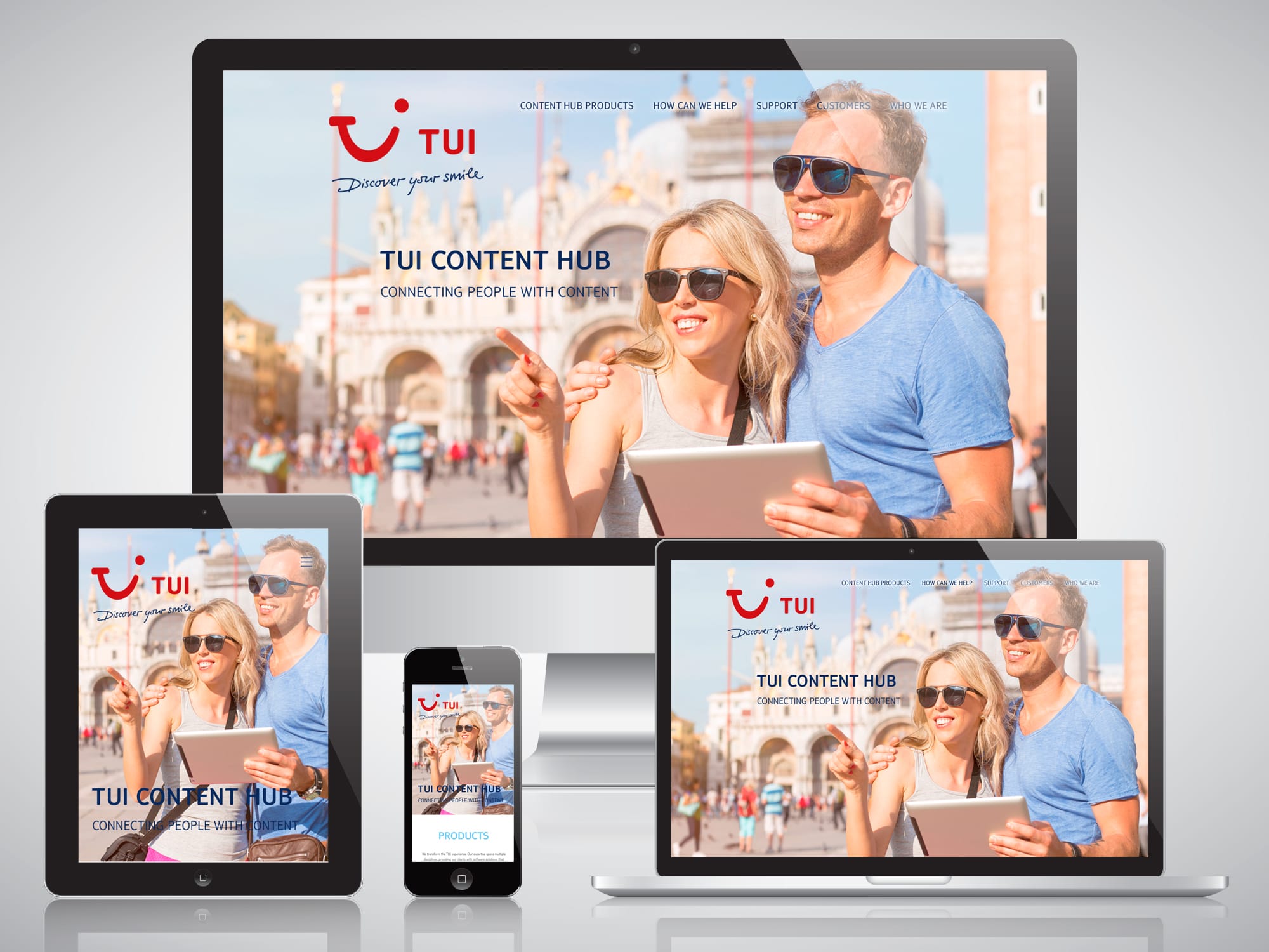 TUI Content Hub responsive interface presented across device mockups.