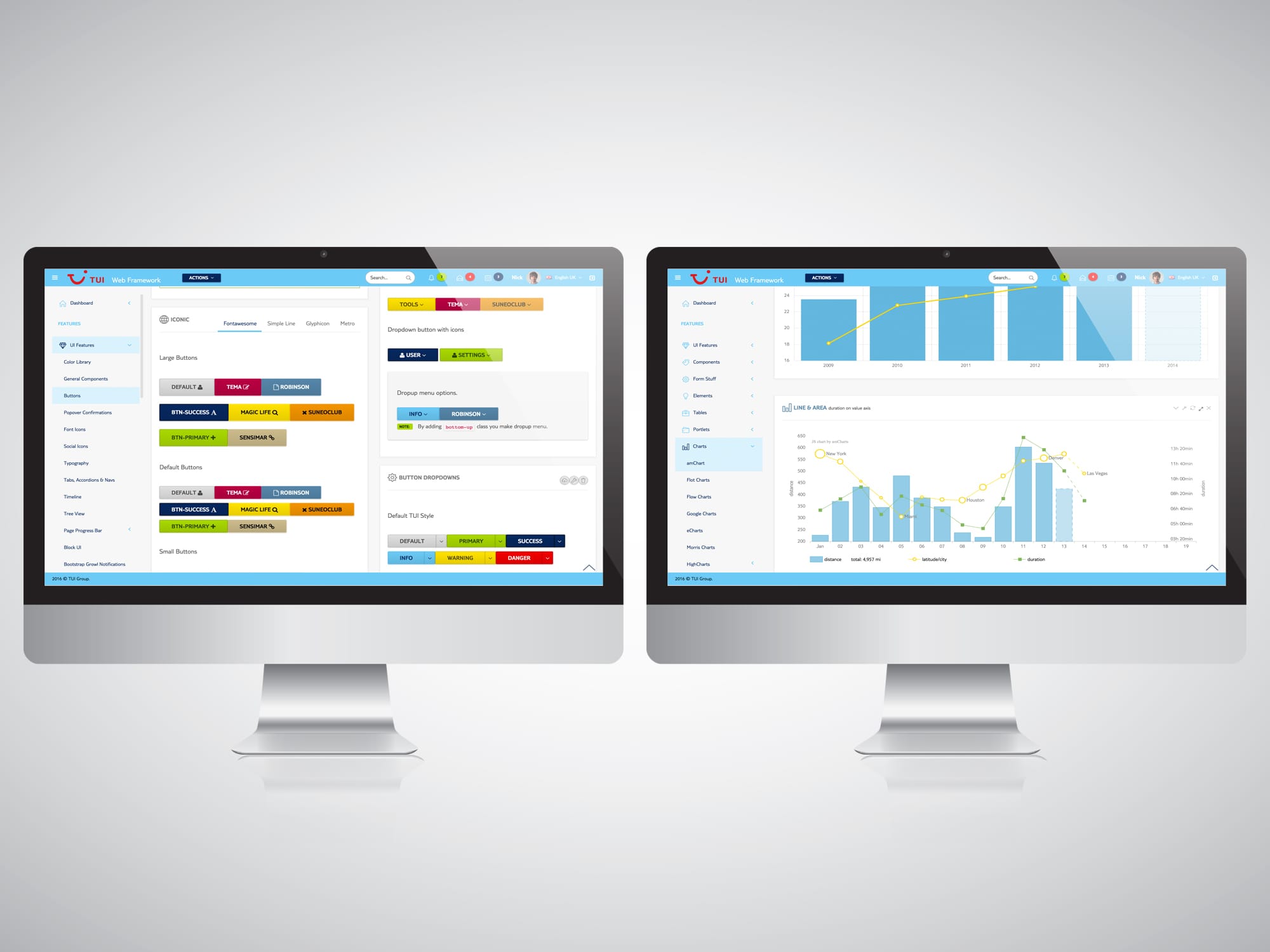 TUI Next framework shown across desktop screens with reusable controls, navigation and data-visualisation patterns.